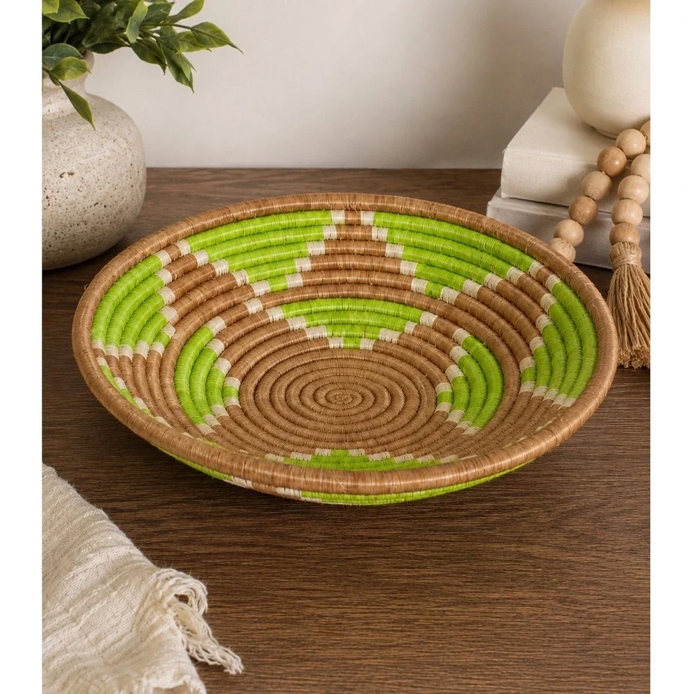 Handwoven Sisal Coil Basket Bowl Lime Green Brown 12 Inch Bukedo Raffia Uganda